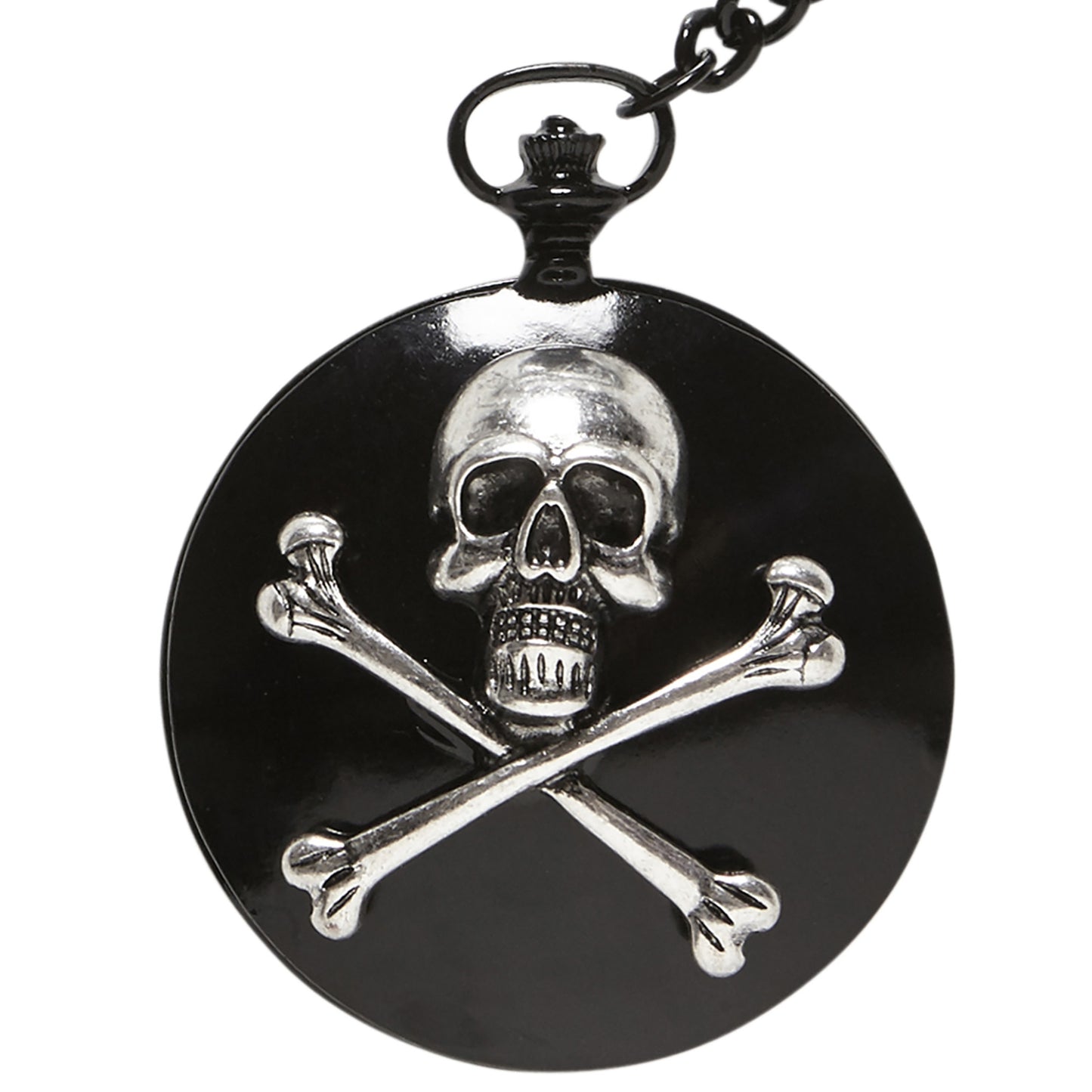 "TASCHENUHR MIT TOTENKOPF UND GEKREUZTEN KNOCHEN AN KETTE" – Vorderansicht