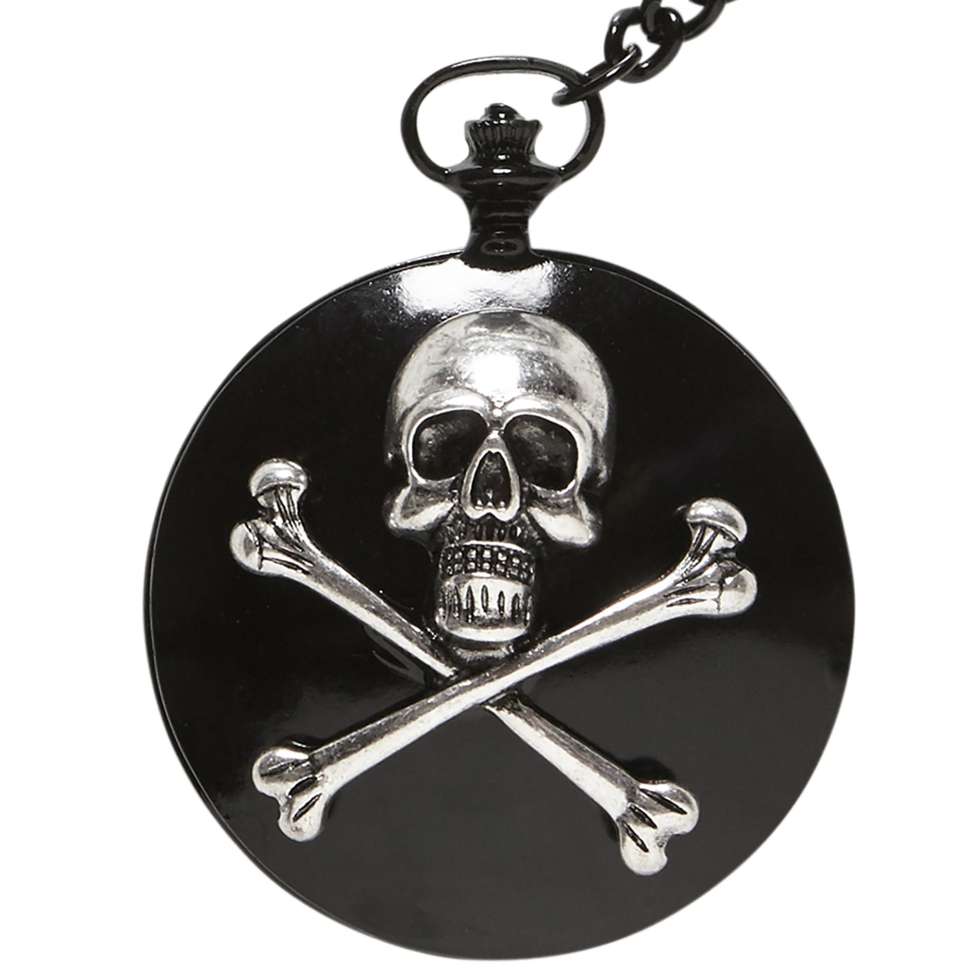 "TASCHENUHR MIT TOTENKOPF UND GEKREUZTEN KNOCHEN AN KETTE" – Vorderansicht