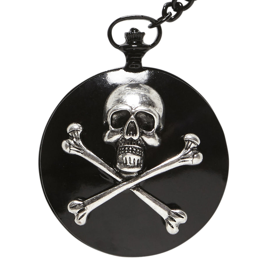 "TASCHENUHR MIT TOTENKOPF UND GEKREUZTEN KNOCHEN AN KETTE" – Vorderansicht