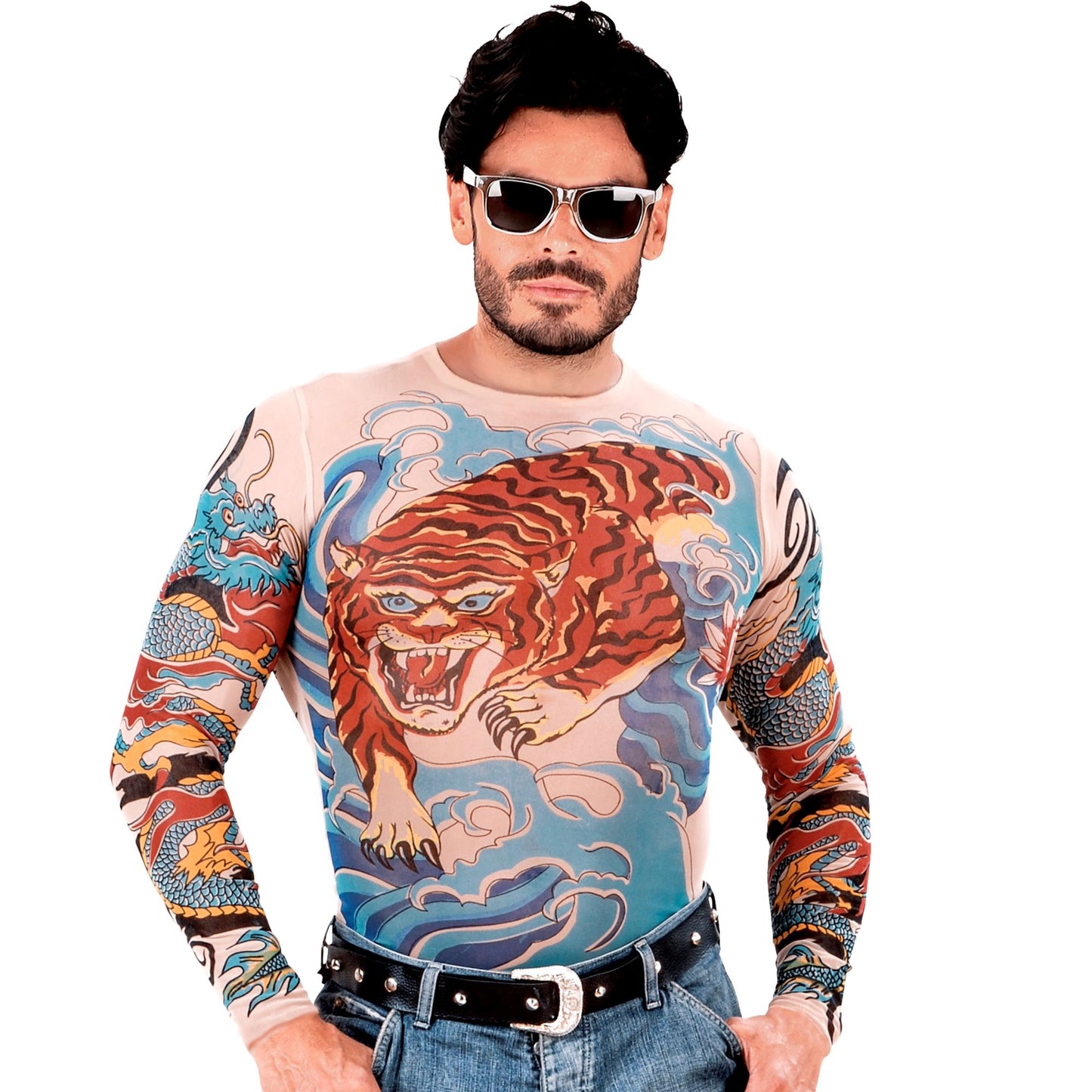 "TATTOOSHIRT TIGER UND DRACHEN" realistischer Effekt – Vorderansicht