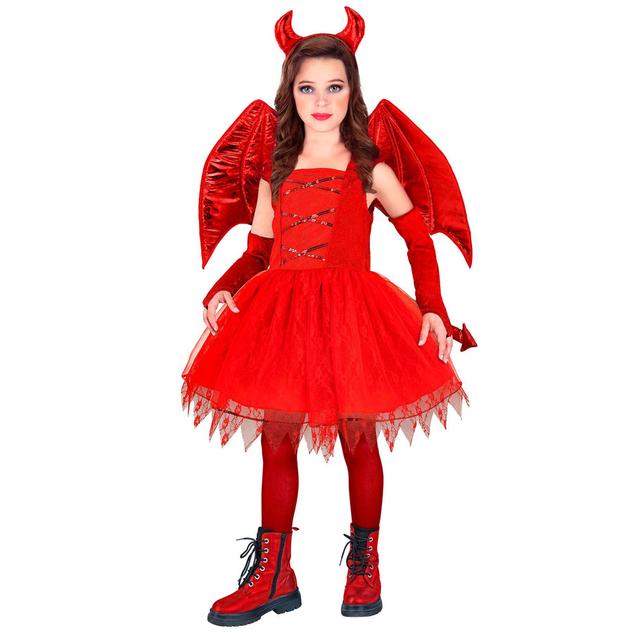 "TEUFEL" (Kleid, Schwanz, Hörner, fingerlose Handschuhe) – Vorderansicht