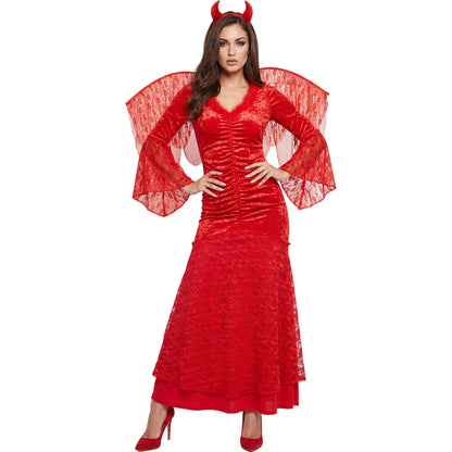 "TEUFELIN" aus Samt und Spitze (Kleid, Flügel, Hörner) – Vorderansicht