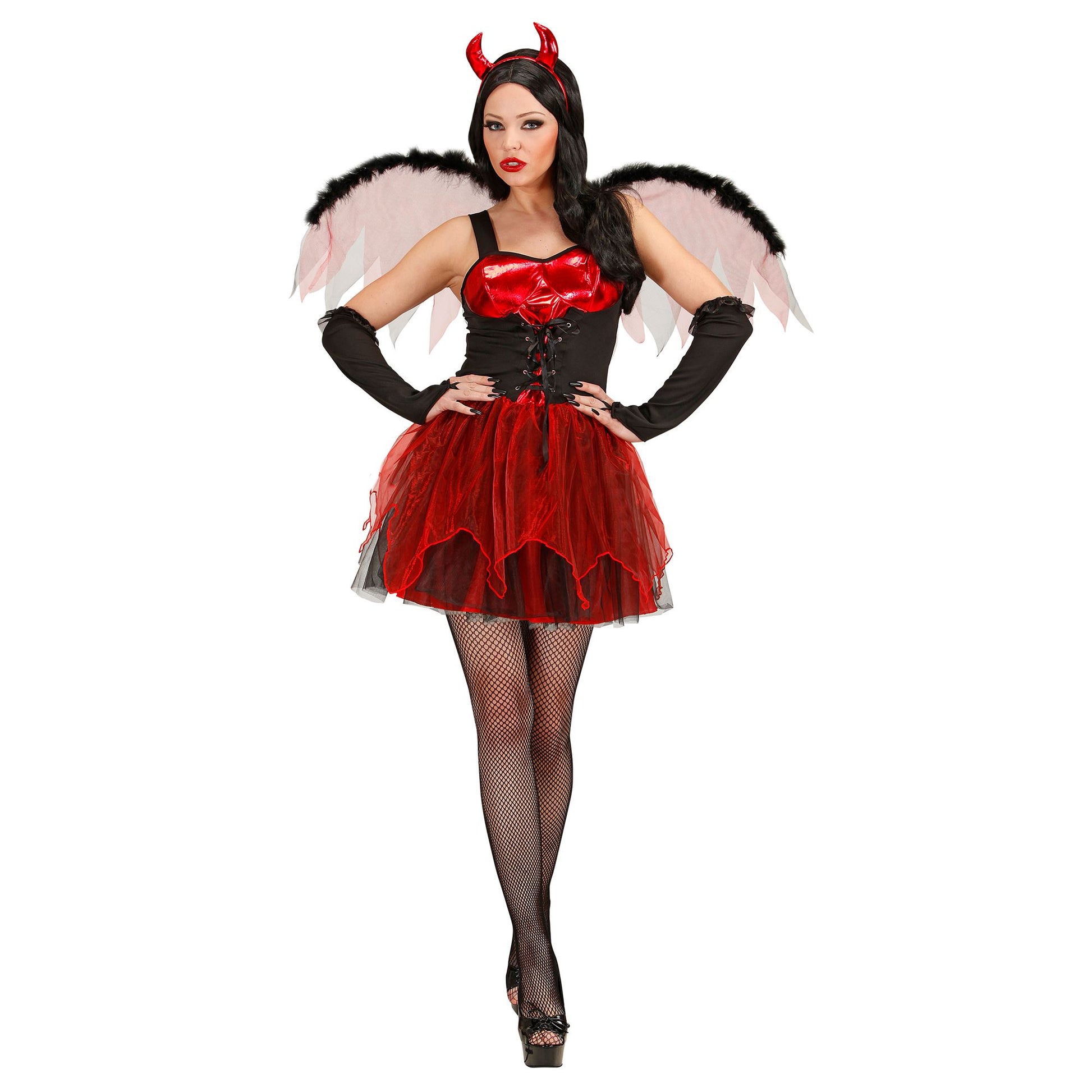 "TEUFELIN" (Kleid, Flügel, fingerlose Handschuhe, Hörner) – Vorderansicht
