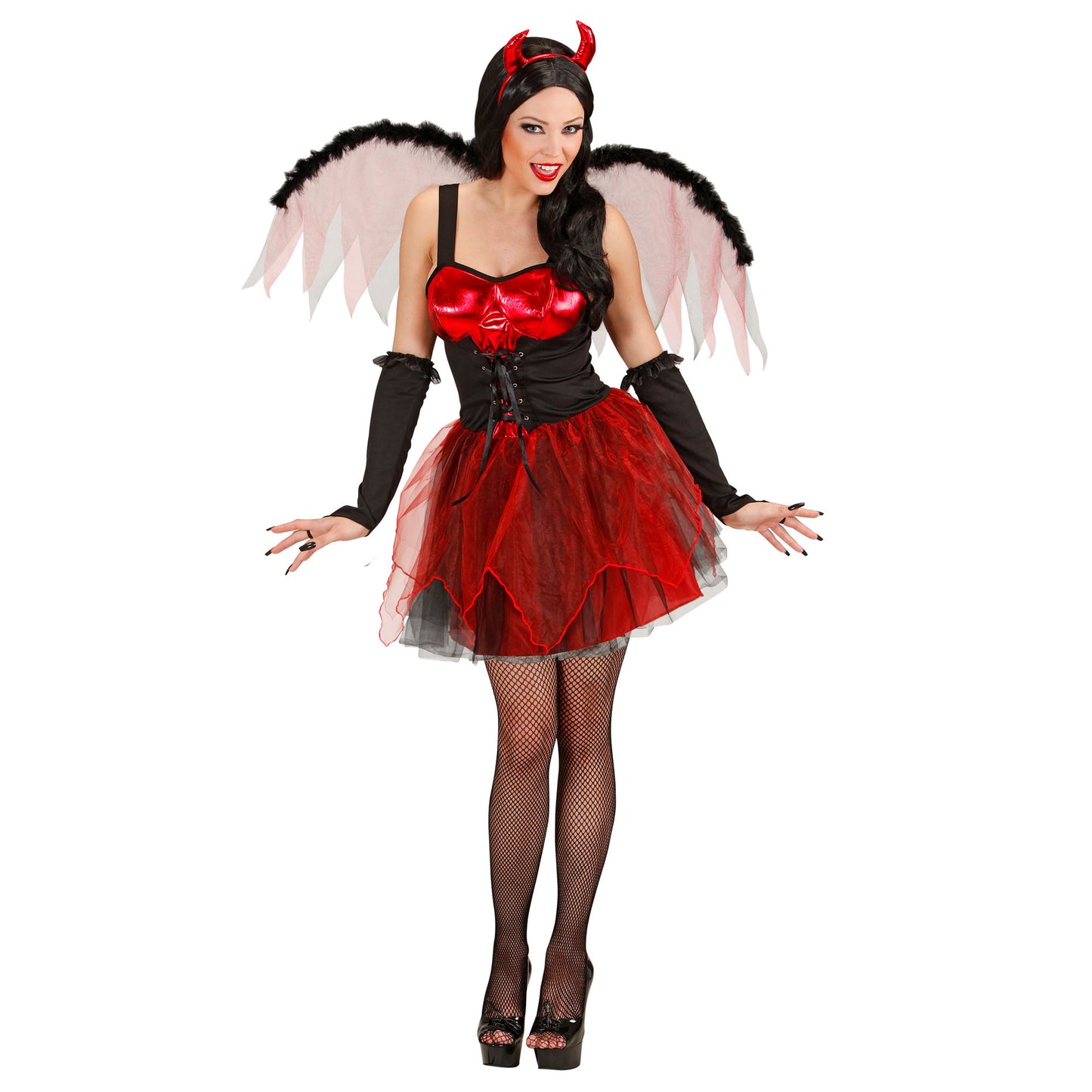 "TEUFELIN" (Kleid, Flügel, fingerlose Handschuhe, Hörner) – Detailansicht
