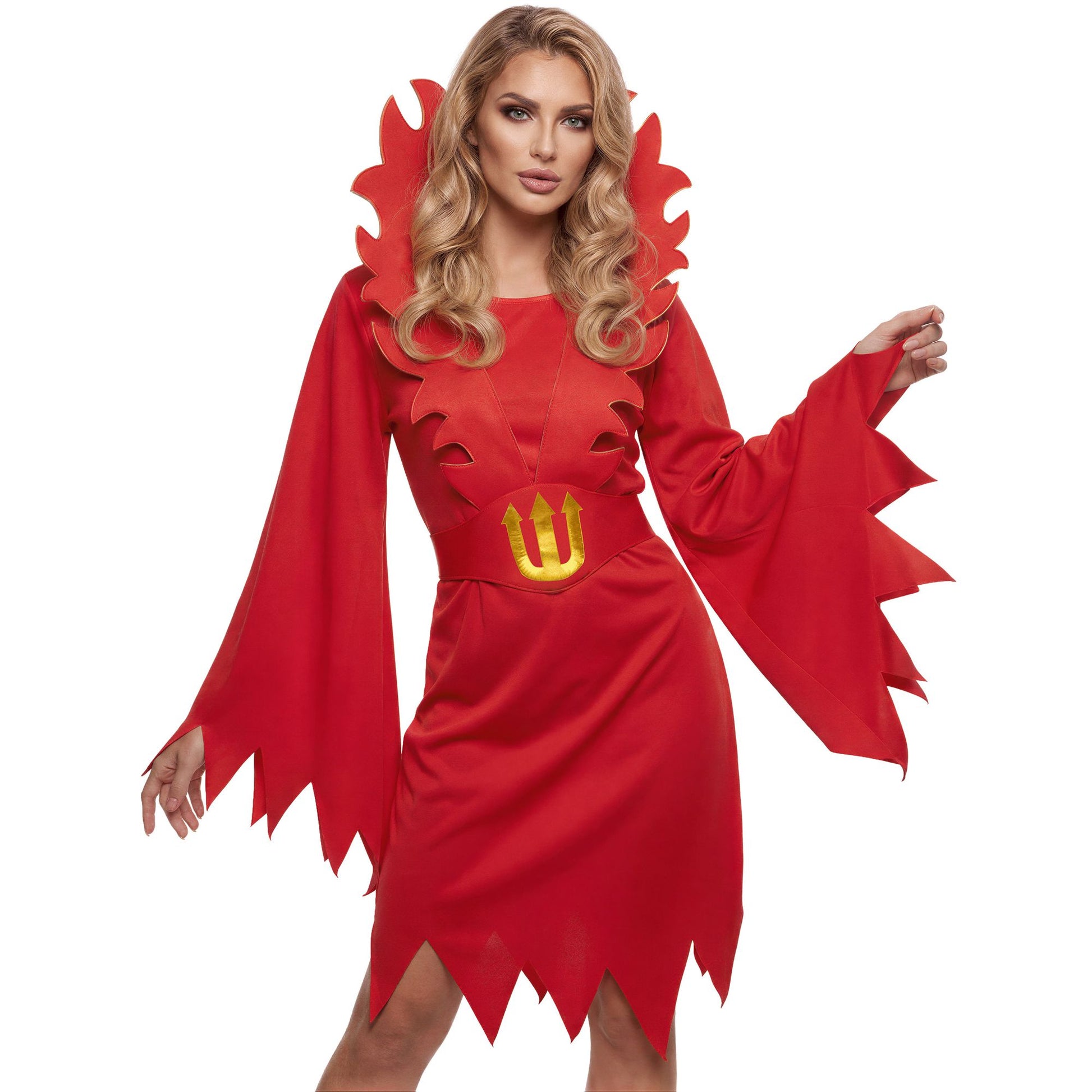 "TEUFELIN" (Kleid, Gürtel großem Kragen) – Vorderansicht