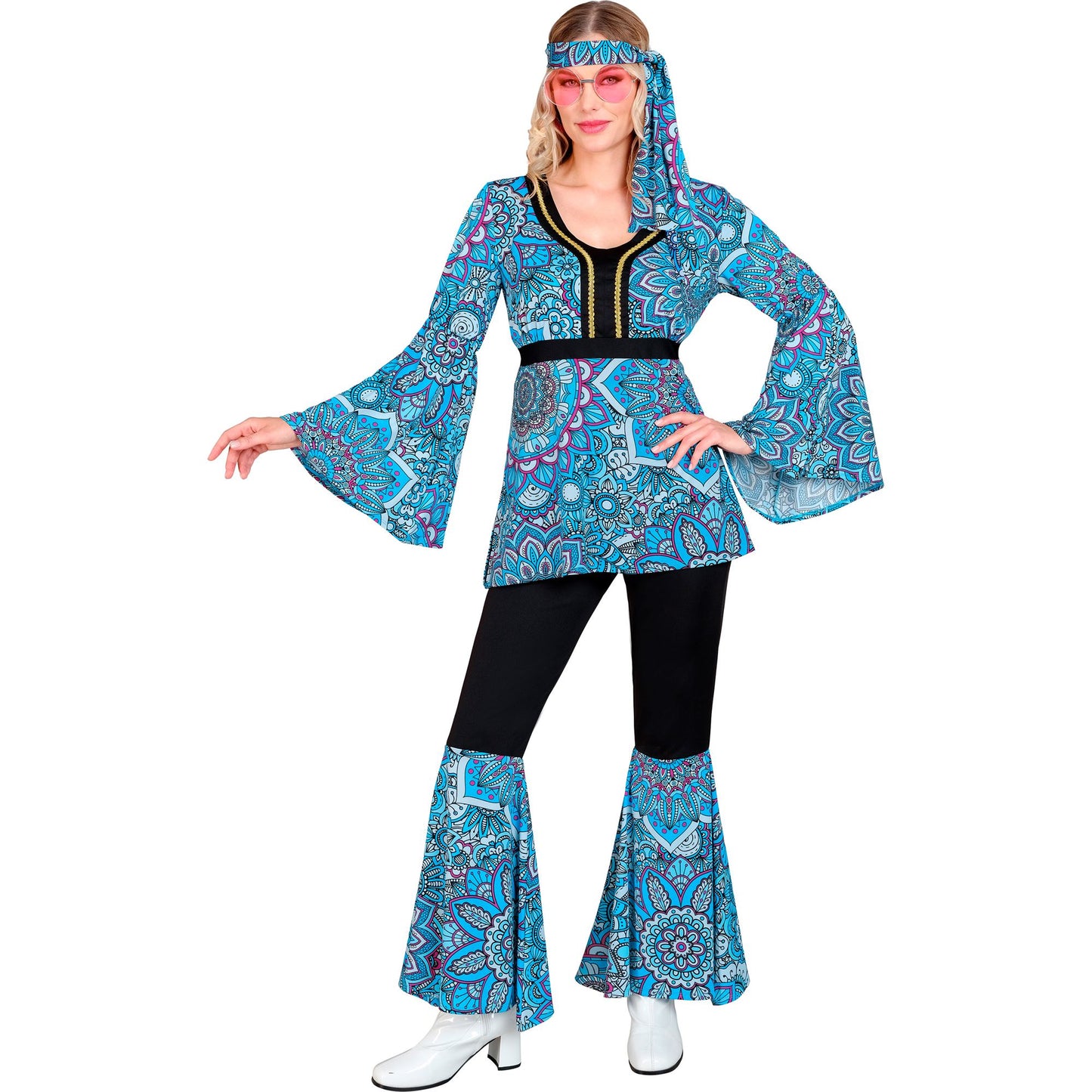 "THE 60s FASHION -blue mandala" (Oberteil, Hose, Stirnband) – Vorderansicht