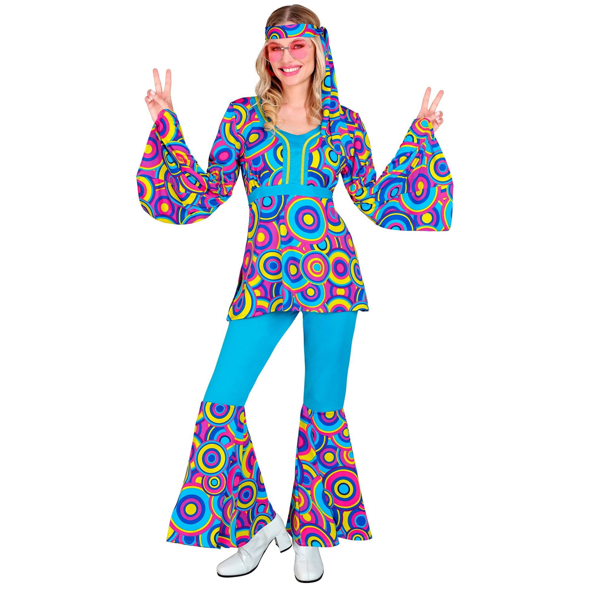"THE 70s GROOVY STYLE - blue bubbles" (Oberteil, Hose, Stirnband) – Vorderansicht