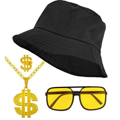 "THE 90s HIP HOP FASHION - schwarz" (Anglerhut, Brille, Kette, Ring) – Vorderansicht