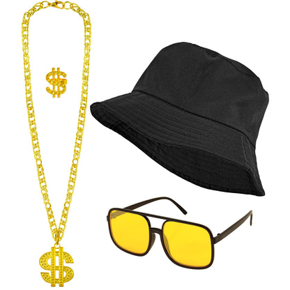 "THE 90s HIP HOP FASHION - schwarz" (Anglerhut, Brille, Kette, Ring) – Detailansicht