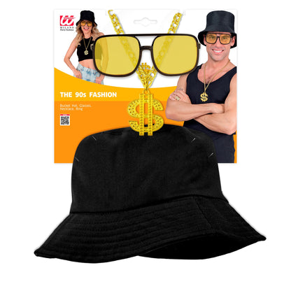 "THE 90s HIP HOP FASHION - schwarz" (Anglerhut, Brille, Kette, Ring) – Ansicht 3