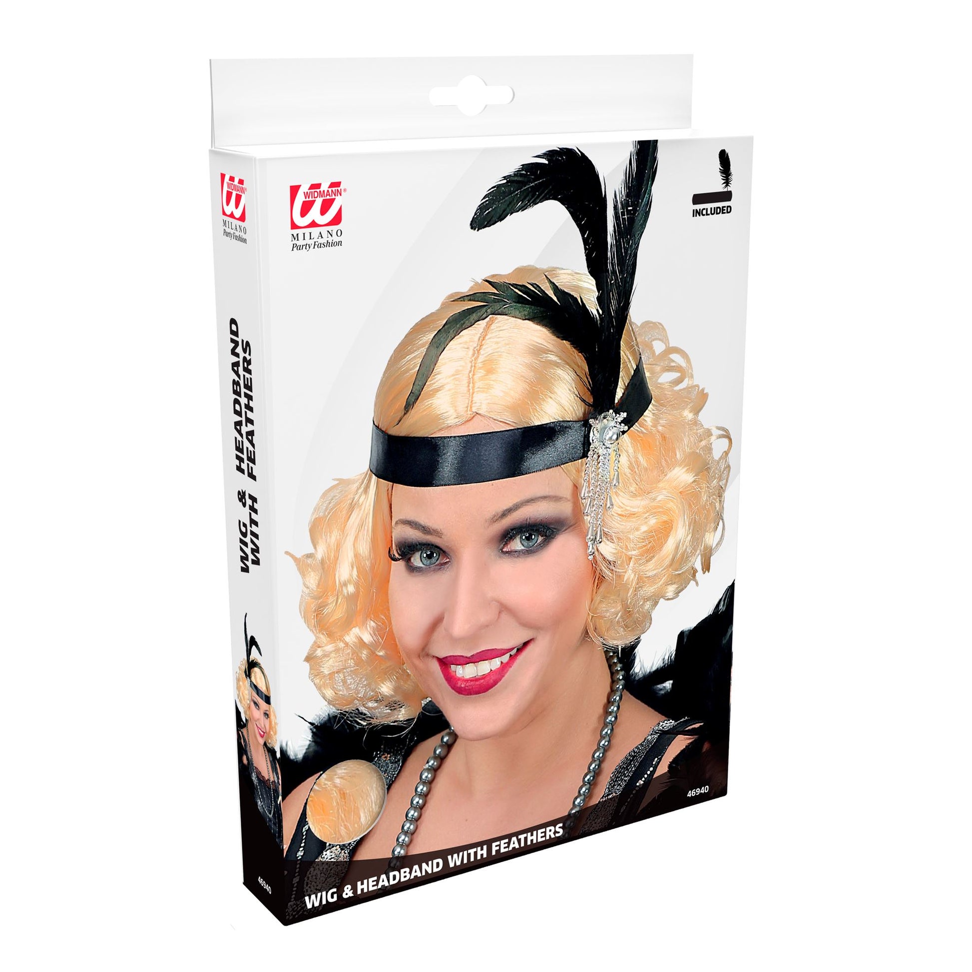 "THE ROARING 20s CHARLESTON PERÜCKE & STIRNBAND MIT FEDERN" in Box – Detailansicht