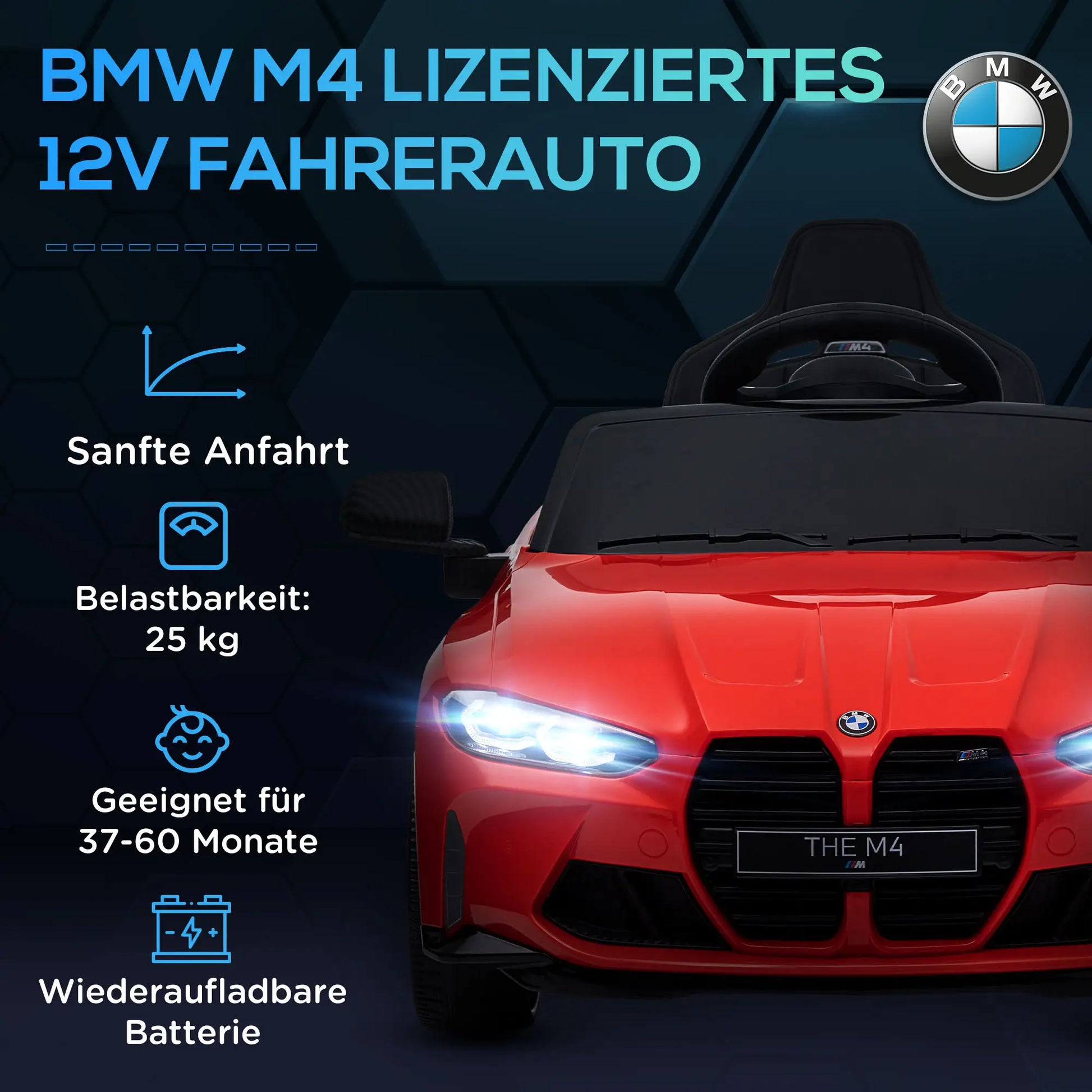 Rotes BMW M4 Elektro Kinderauto mit Fernsteuerung, LED-Scheinwerfern und Sicherheitsgurt.