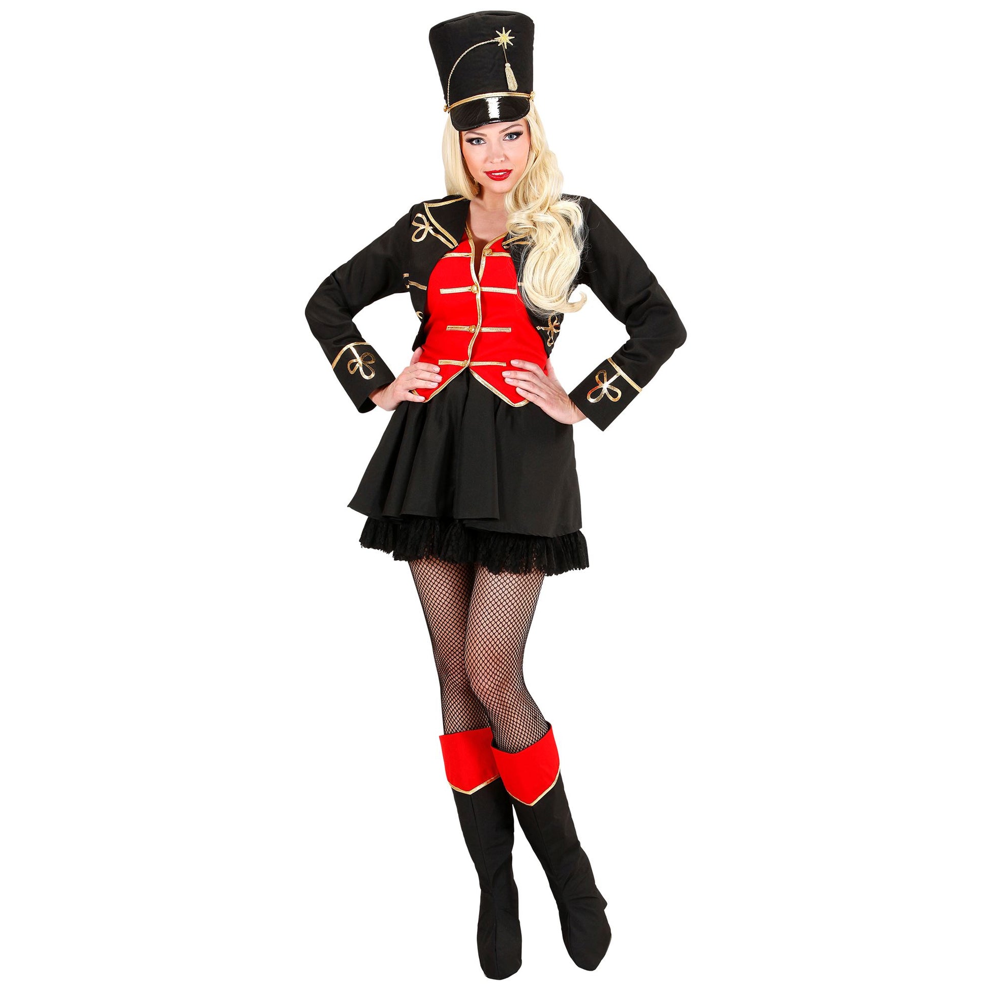 "TIERBÄNDIGERIN" (Jacke mit Weste, Rock, Überstiefel, Hut, Peitsche) – Vorderansicht