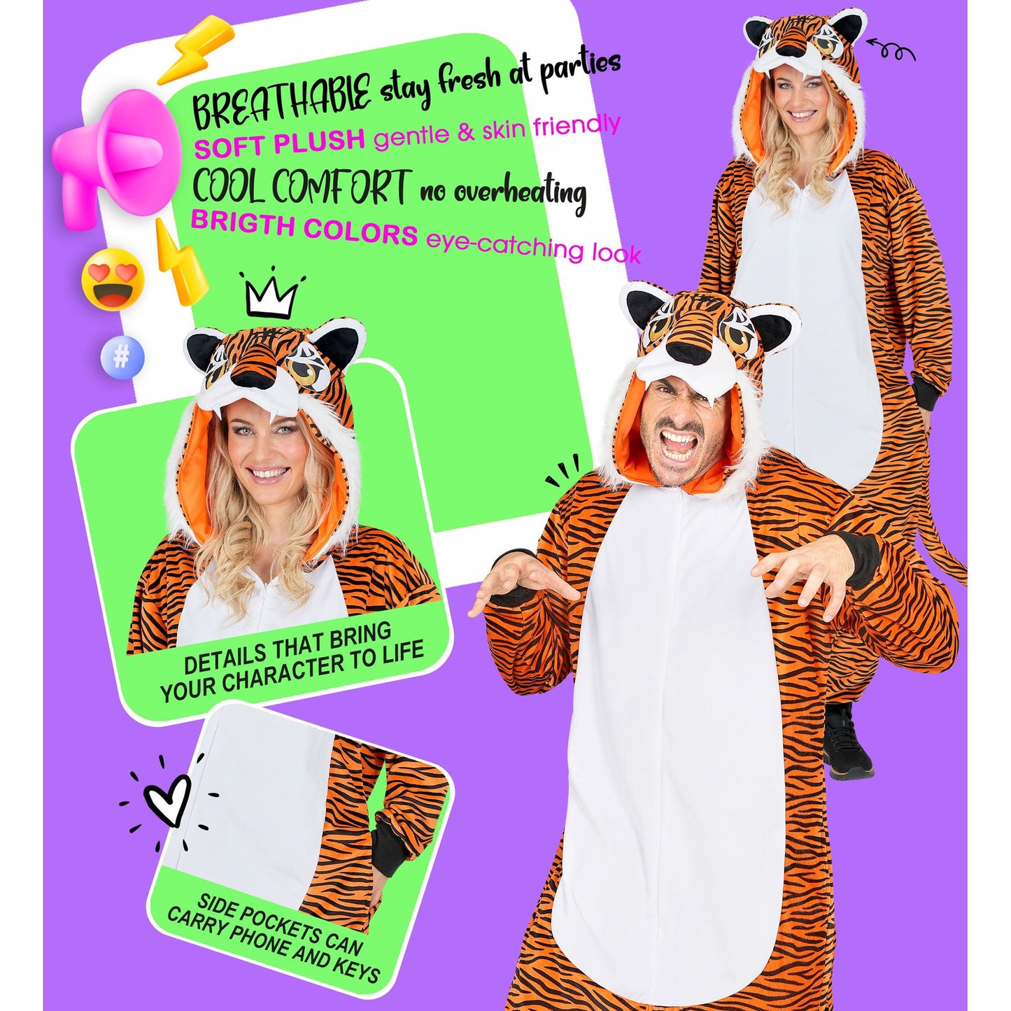 Widmann Plüsch Tiger Kostüm Overall Onesie mit Kapuze Ansicht – Anwendungsansicht