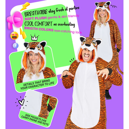 Widmann Plüsch Tiger Kostüm Overall Onesie mit Kapuze Ansicht – Anwendungsansicht