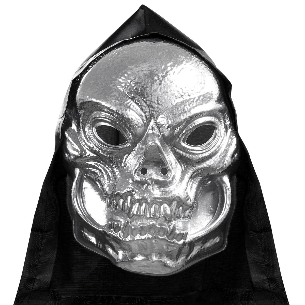 "TOTANKOPF MASKE METALLISCHER LOOK AUS KUNSTSTOFF MIT KAPUZE" – Vorderansicht