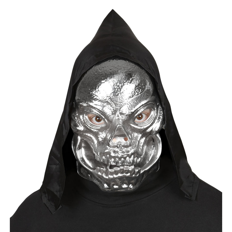 "TOTANKOPF MASKE METALLISCHER LOOK AUS KUNSTSTOFF MIT KAPUZE" – Detailansicht