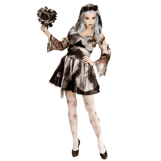 "TOTENBRAUT" (Kleid, Armbänder, Kopfbedeckung mit schwarzen Rosen und Schleier) – Vorderansicht