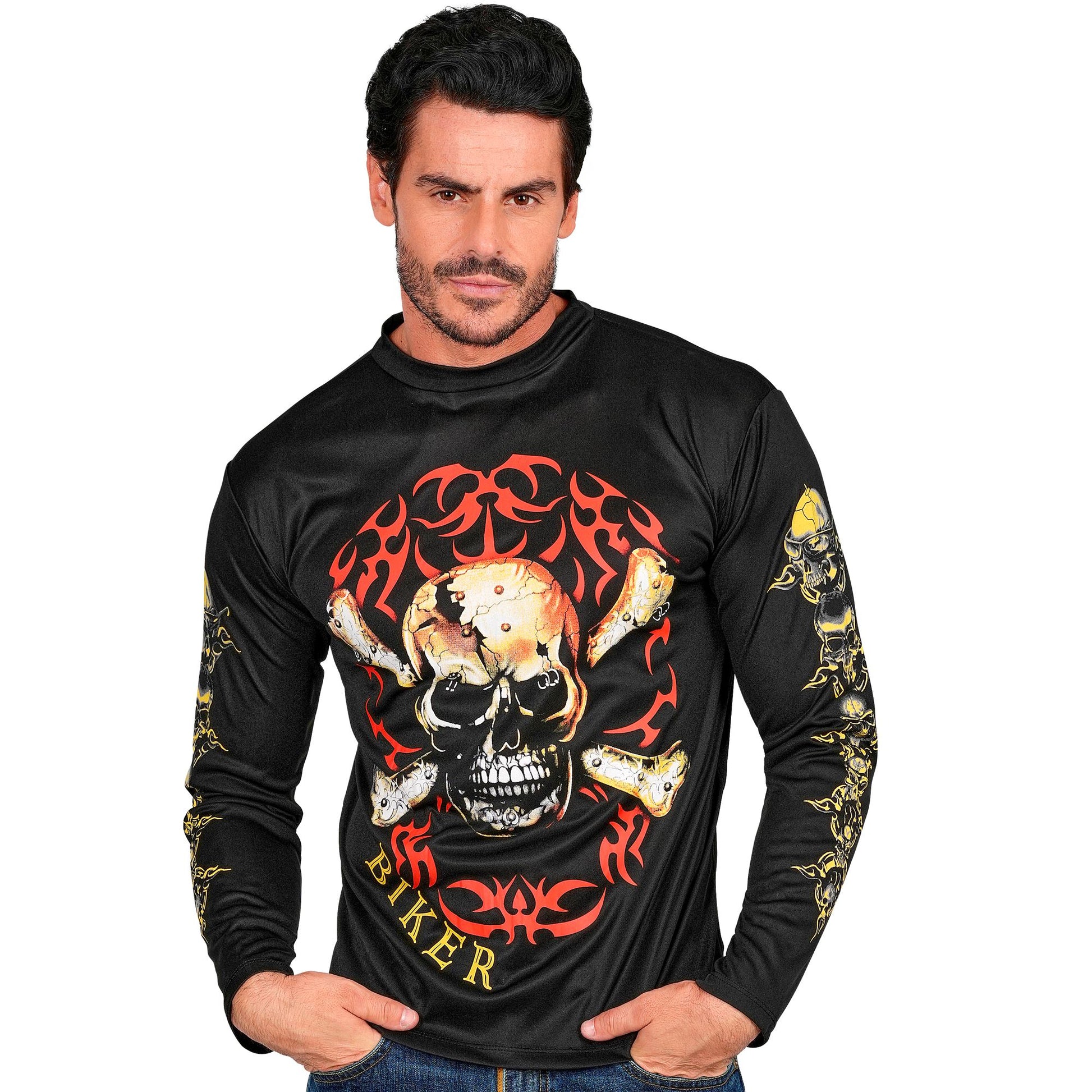 "TOTENKOPF BIKER T-SHIRT MIT GEKREUZTEN KNOCHEN" – Vorderansicht