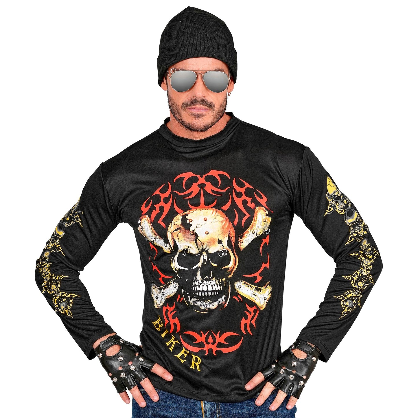 "TOTENKOPF BIKER T-SHIRT MIT GEKREUZTEN KNOCHEN" – Detailansicht