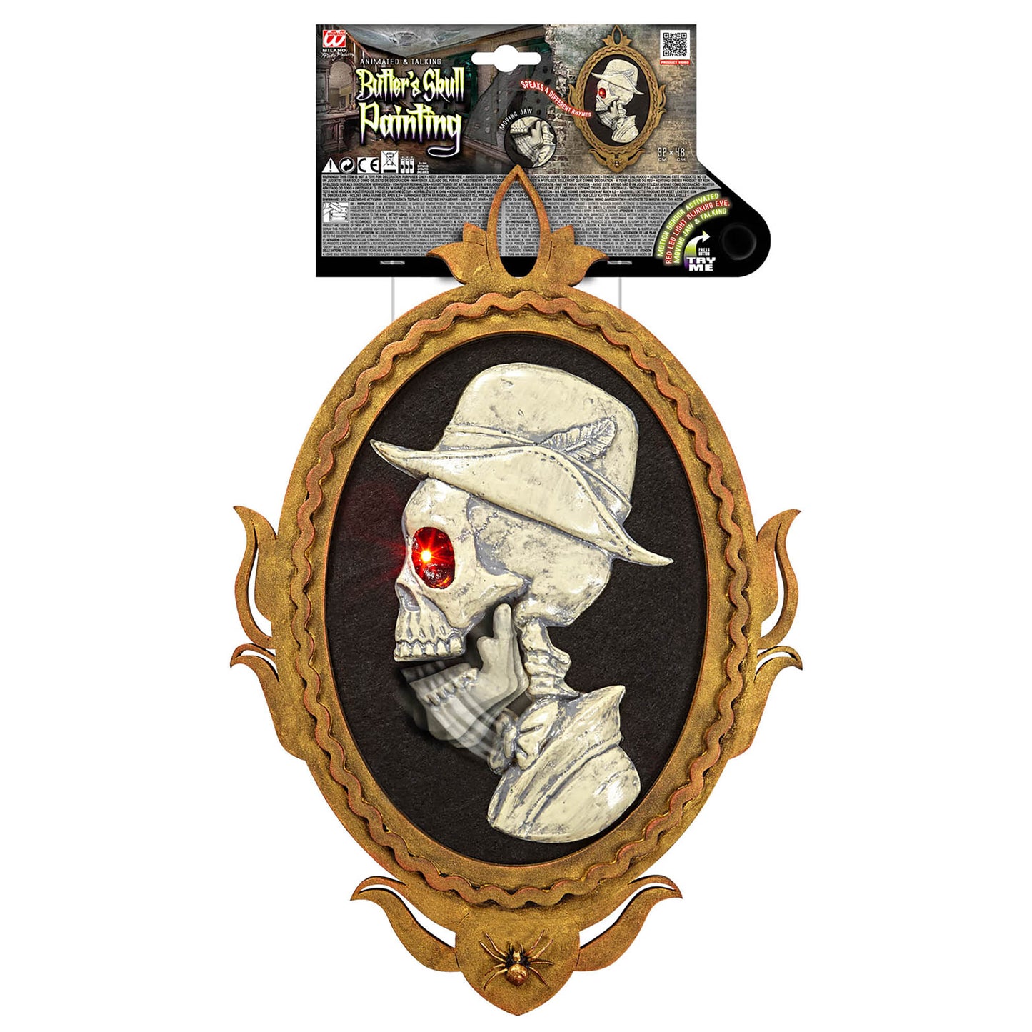 "TOTENKOPF DIENER GEMÄLDE MIT ROTEM BLINKENDEN AUGE & SICH BEWEGENDEM UNTERKIEFER MIT RAHMEN" durch Bewegungssensor aktiviert - 32x48 cm - spricht 4 verschiedene Reime – Detailansi