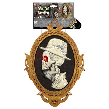 "TOTENKOPF DIENER GEMÄLDE MIT ROTEM BLINKENDEN AUGE & SICH BEWEGENDEM UNTERKIEFER MIT RAHMEN" durch Bewegungssensor aktiviert - 32x48 cm - spricht 4 verschiedene Reime – Detailansi