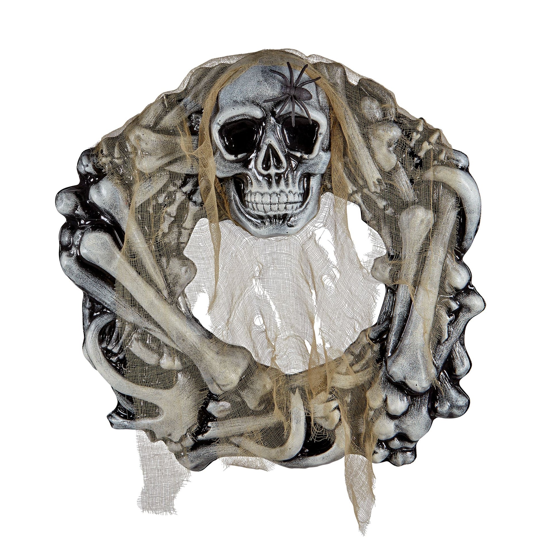 "TOTENKOPF & KNOCHEN KRANZ MIT SPINNE UND LUMPENSTOFF" 50 cm – Vorderansicht
