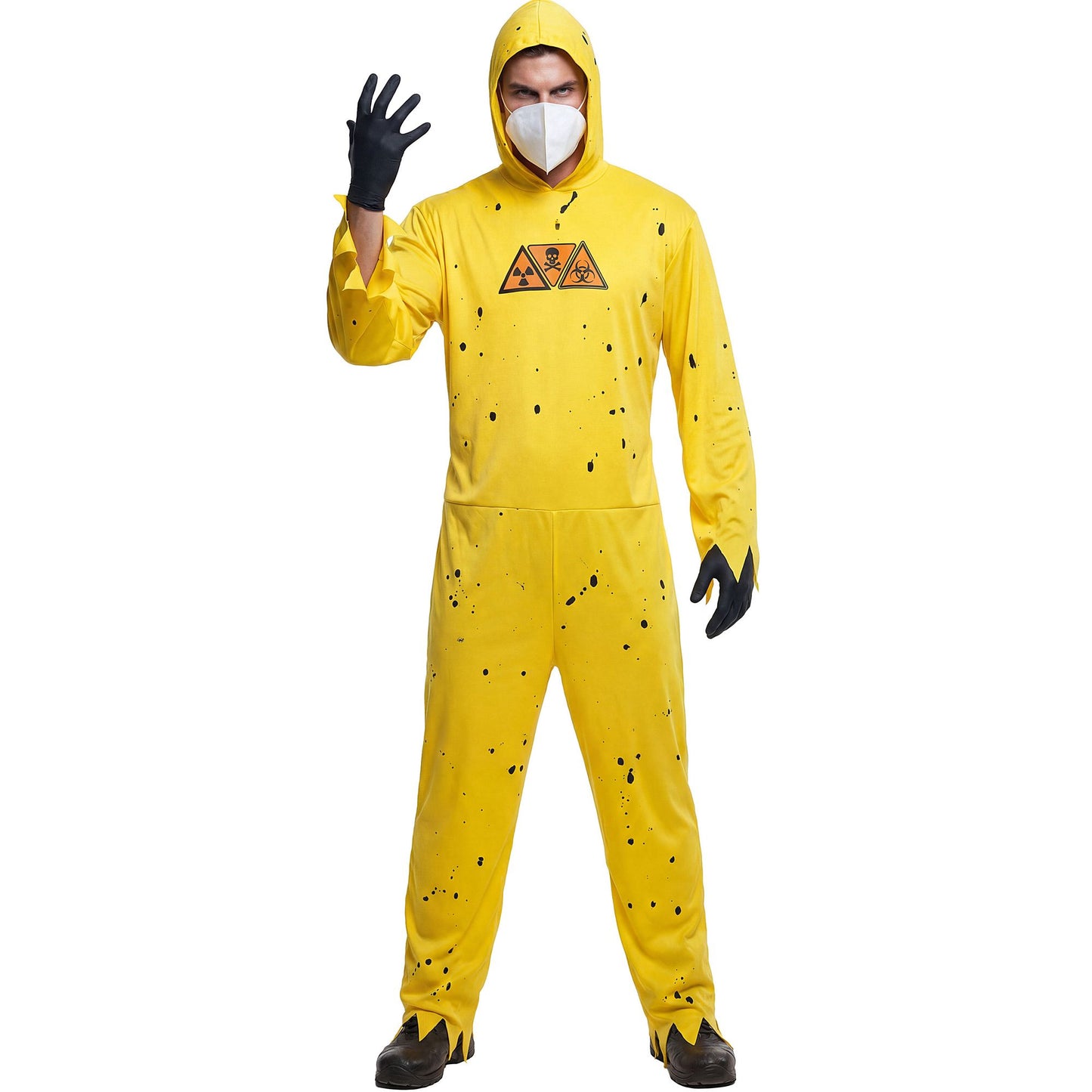 "TOXIC HAZARD" (Overall mit Kapuze, Handschuhe, Maske) – Vorderansicht