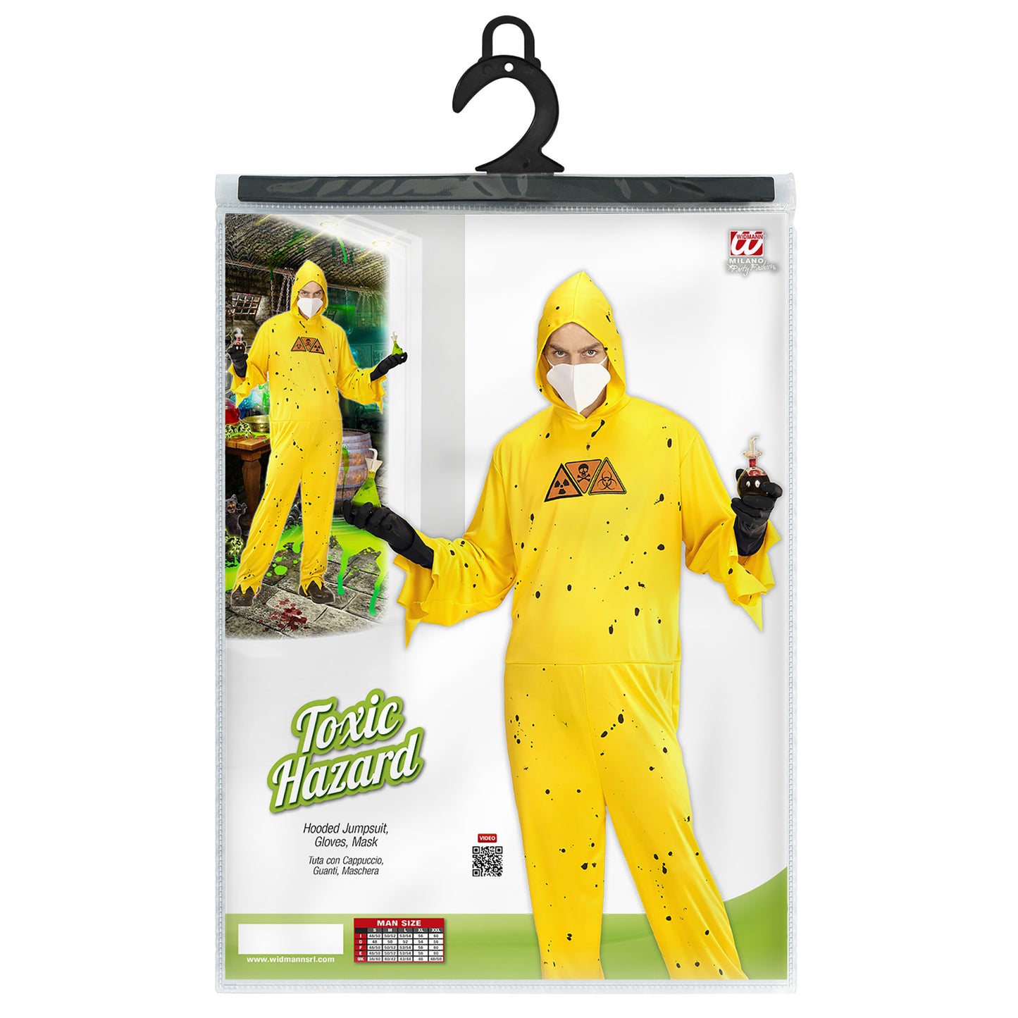"TOXIC HAZARD" (Overall mit Kapuze, Handschuhe, Maske) – Detailansicht
