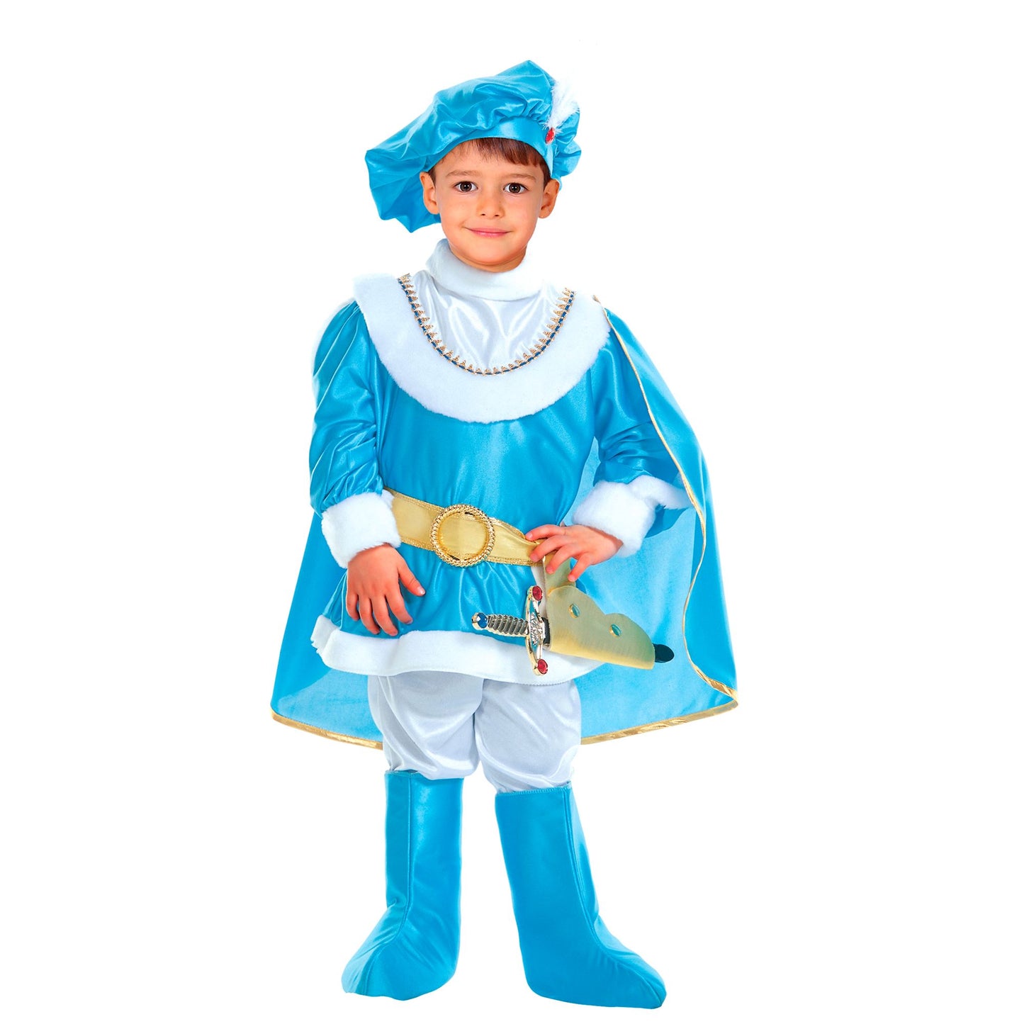 "TRAUMPRINZ" (Coat, Hose, Gürtel mit Messer Holster, Überstiefel, Hut mit Edelstein und Feder) – Vorderansicht