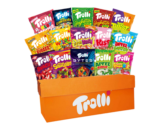 Bunte Trolli Mystery Box mit verschiedenen Fruchtgummis und Süßigkeiten-Klassikern.