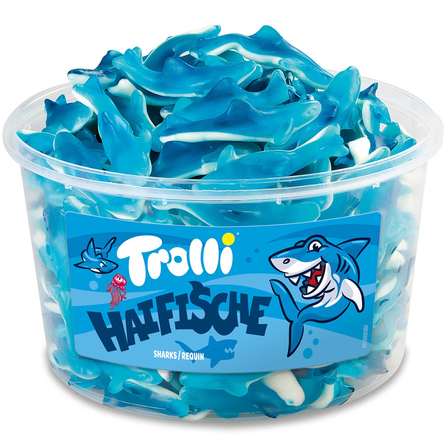 Trolli Haifische 150er Fruchtgummi blau mit Schaumzucker Bauch – Produktansicht