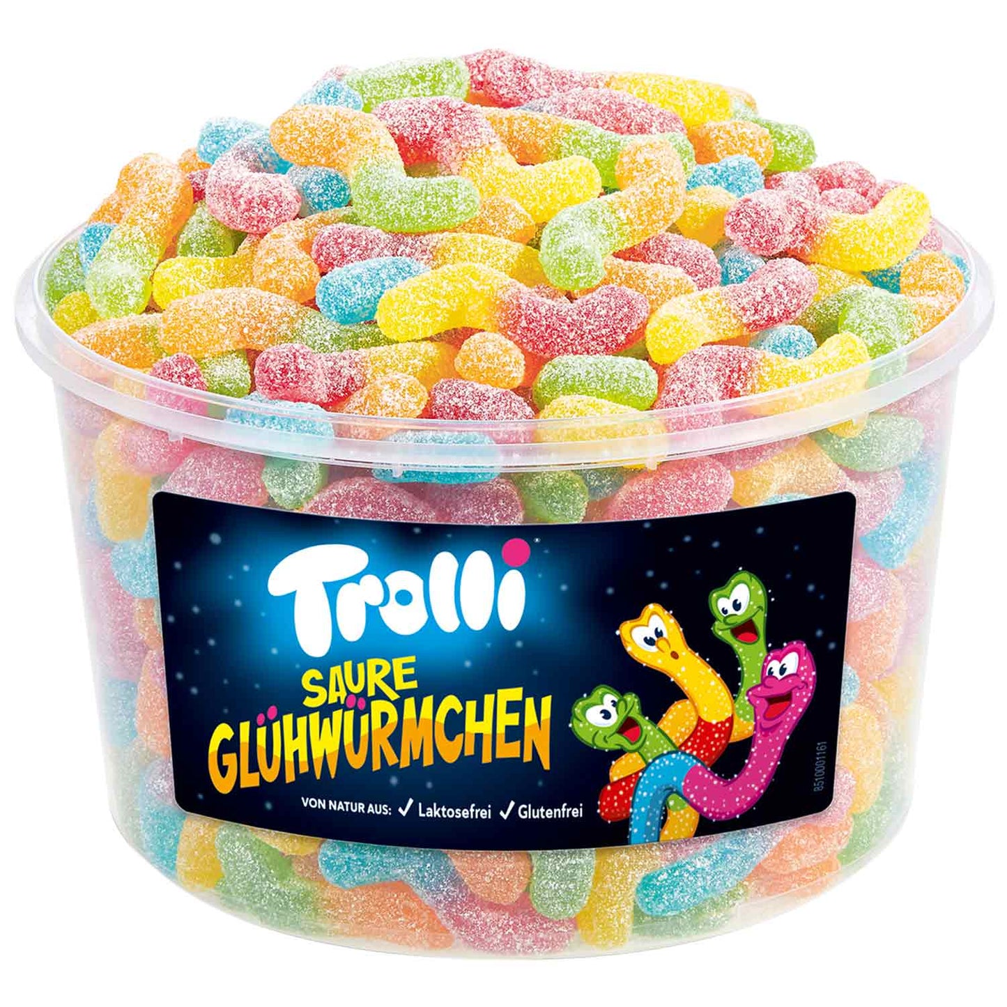 Bunter Beutel mit 150 sauren Fruchtgummi-Glühwürmchen in verschiedenen Farben.