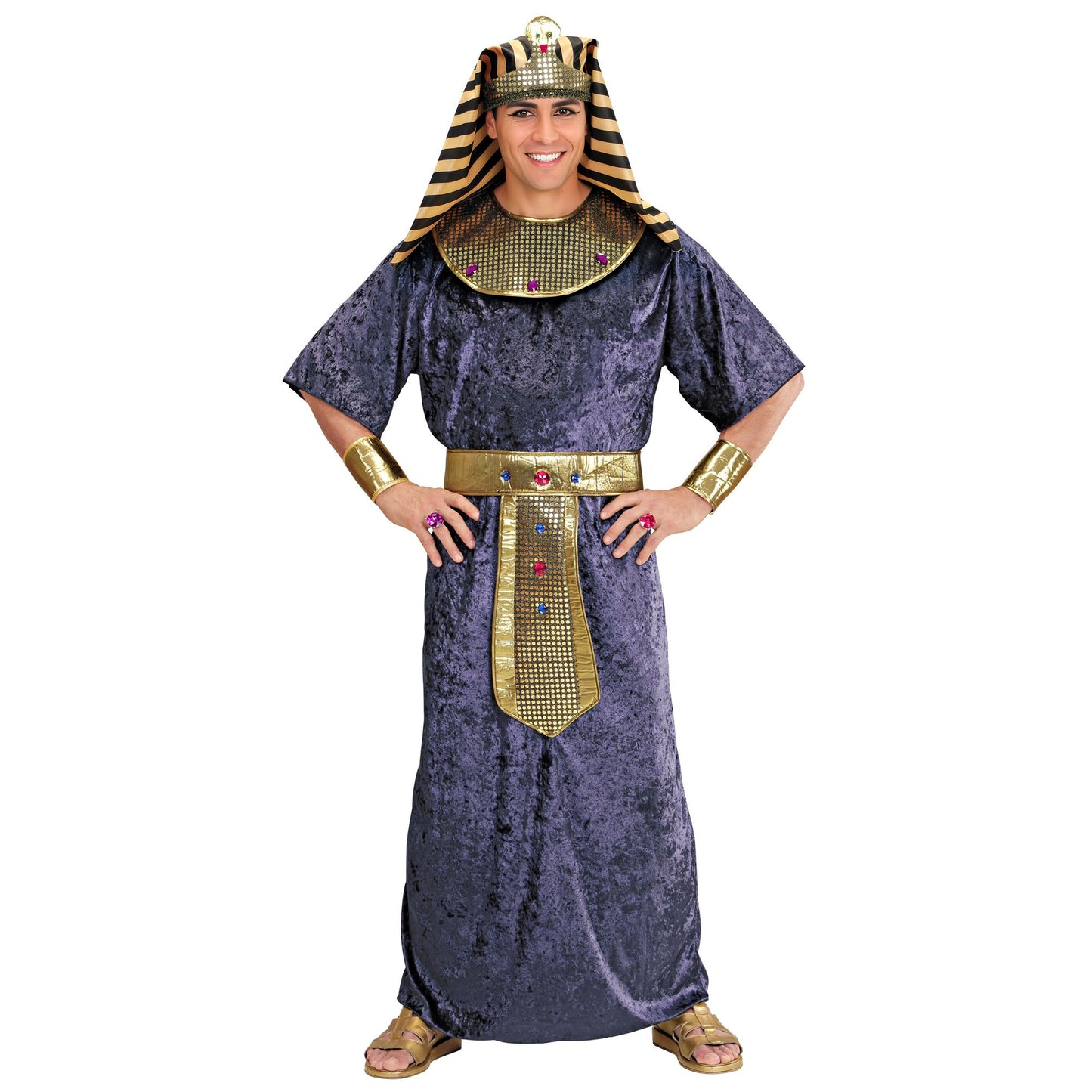 "TUTANKHAMEN" (Tunika, Halsband und Gürtel mit Edelsteinen, Armbänder, Kopfbedeckung) – Vorderansicht