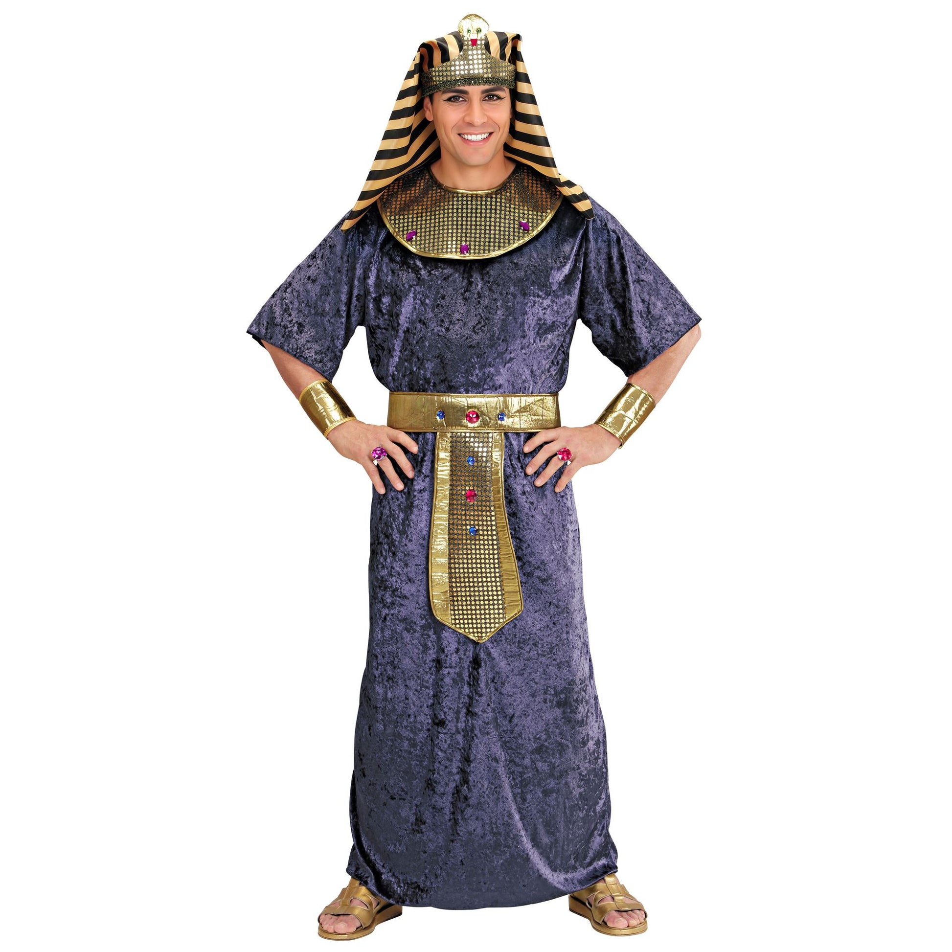 "TUTANKHAMEN" (Tunika, Halsband und Gürtel mit Edelsteinen, Armbänder, Kopfbedeckung) – Vorderansicht