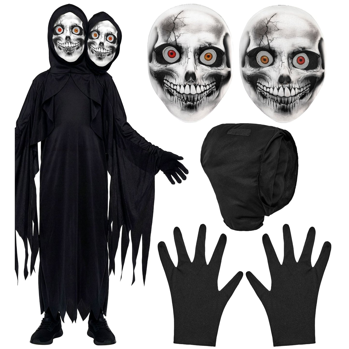 "TWO FACE SENSEMANN" (Robe mit Kapuze und zwei Masken, Handschuhe) – Detailansicht
