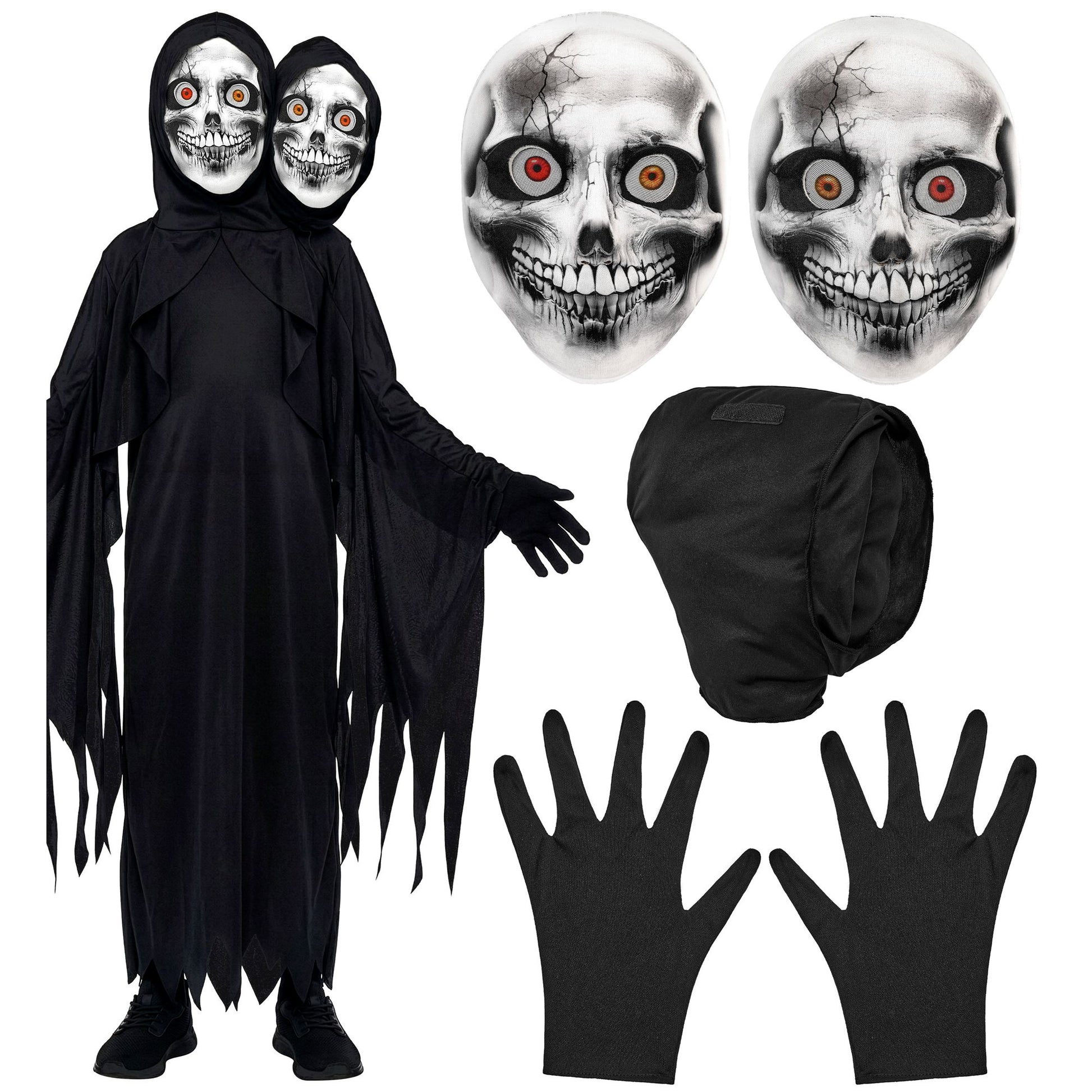 "TWO FACE SENSEMANN" (Robe mit Kapuze und zwei Masken, Handschuhe) – Detailansicht