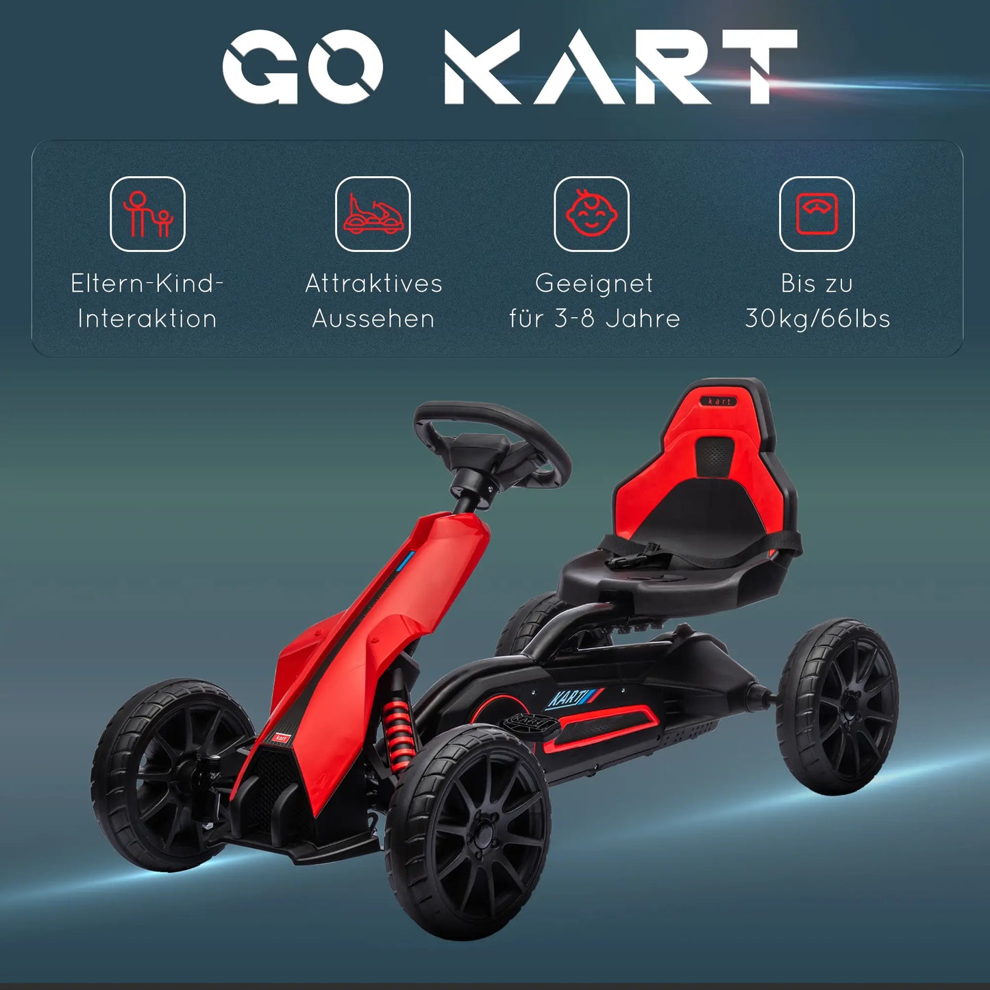 Rotes Kinder-Go-Kart mit Handbremse, verstellbarem Sitz und EVA-Reifen für 3-8 Jahre.