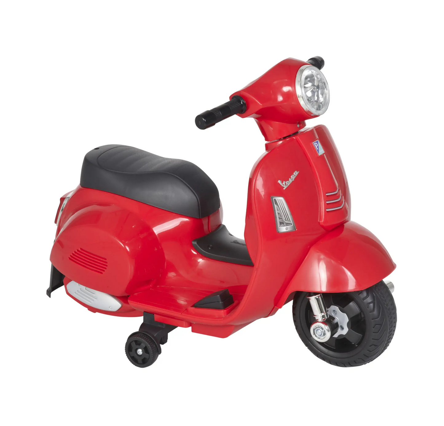 Rotes HOMCOM Vespa Elektromotorrad für Kinder mit LED-Scheinwerfer und abnehmbaren Stützrädern.