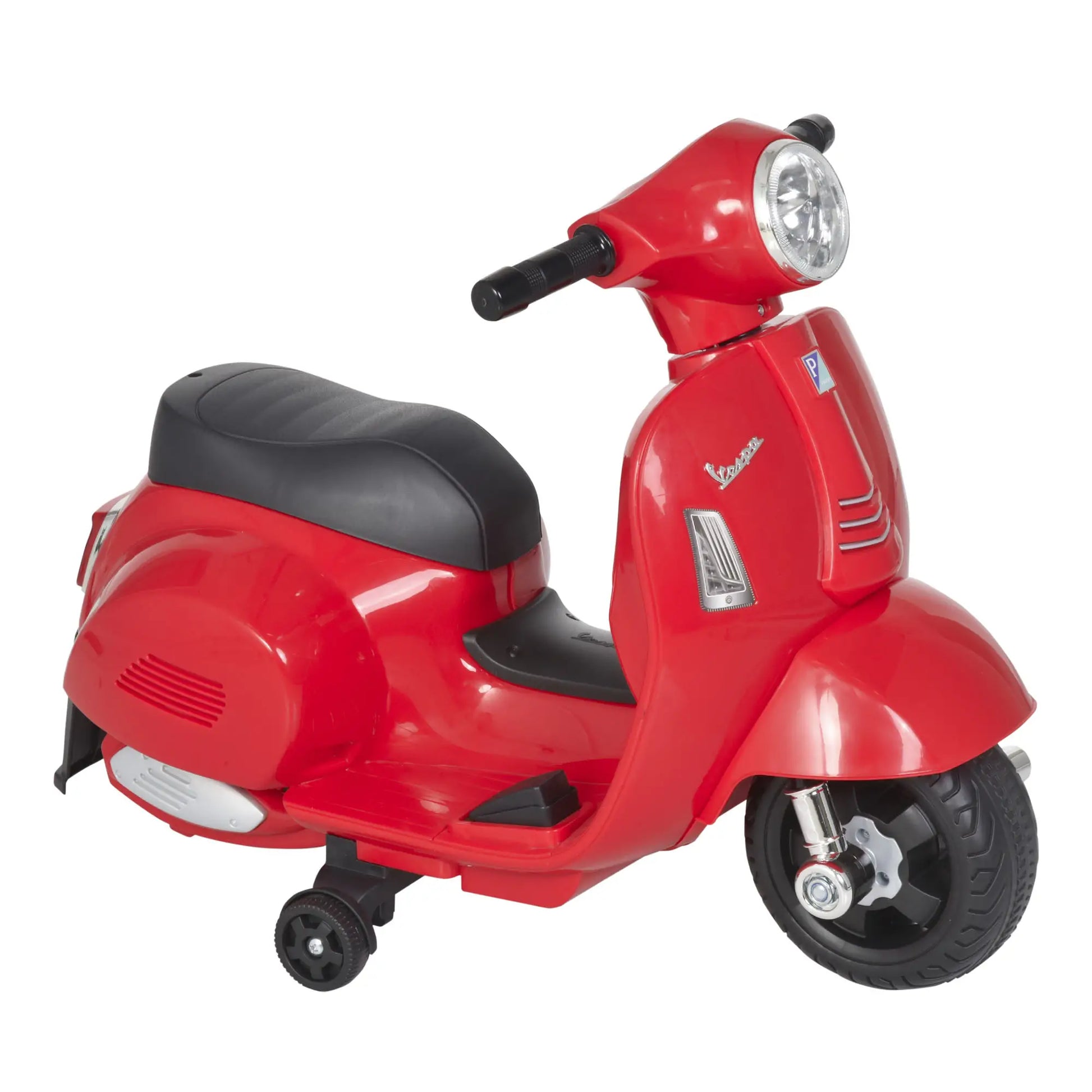 Rotes HOMCOM Vespa Elektro-Kinderfahrzeug mit LED-Scheinwerfer und Stützrädern für Kinder ab 3 Jahren