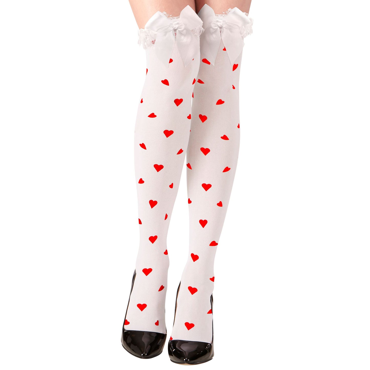 "ÜBERKNIESTRÜMPFE QUEEN OF THE HEARTS MIT WEIßER SATIN SCHLEIFE" 70 DEN – Vorderansicht