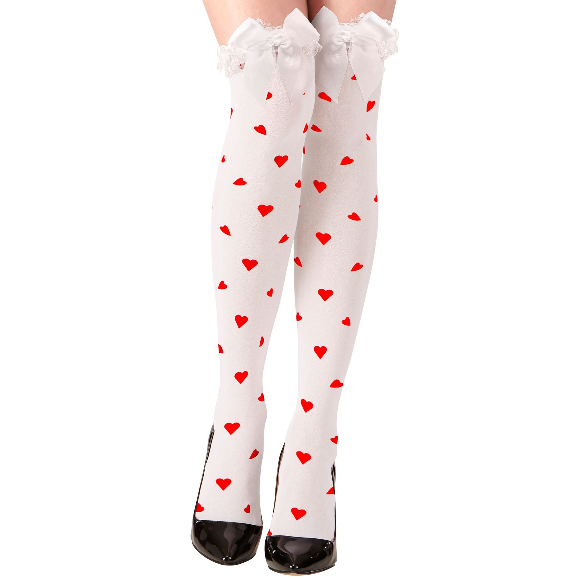 "ÜBERKNIESTRÜMPFE QUEEN OF THE HEARTS MIT WEIßER SATIN SCHLEIFE" 70 DEN – Vorderansicht