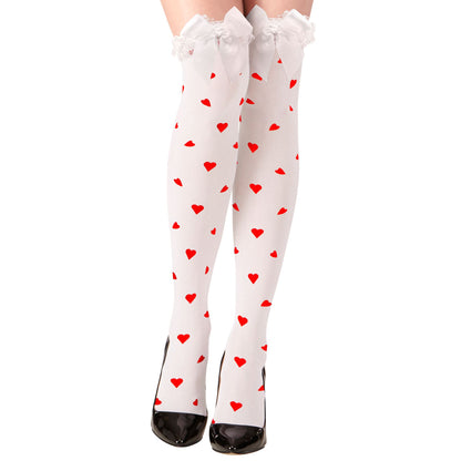 "ÜBERKNIESTRÜMPFE QUEEN OF THE HEARTS MIT WEIßER SATIN SCHLEIFE" 70 DEN – Vorderansicht