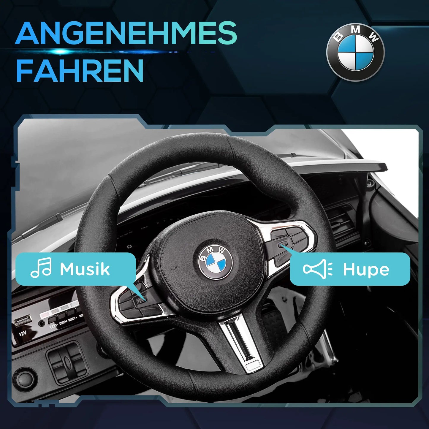 Schwarzes BMW M4 Elektro Kinderauto mit Fernsteuerung für 3-5 Jahre, LED-Scheinwerfer sichtbar.