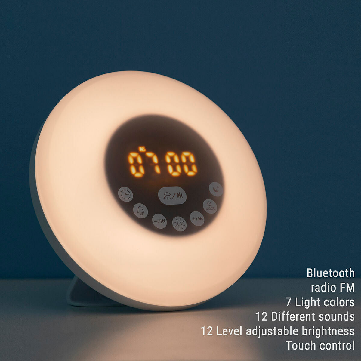 Aufladbarer Sonnenaufgangswecker Sunrilk von InnovaGoods mit Lautsprecher und RGB-Licht – Ansicht 7