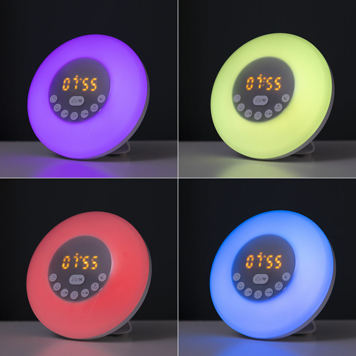 Aufladbarer Sonnenaufgangswecker Sunrilk von InnovaGoods mit Lautsprecher und RGB-Licht – Anwendungsansicht