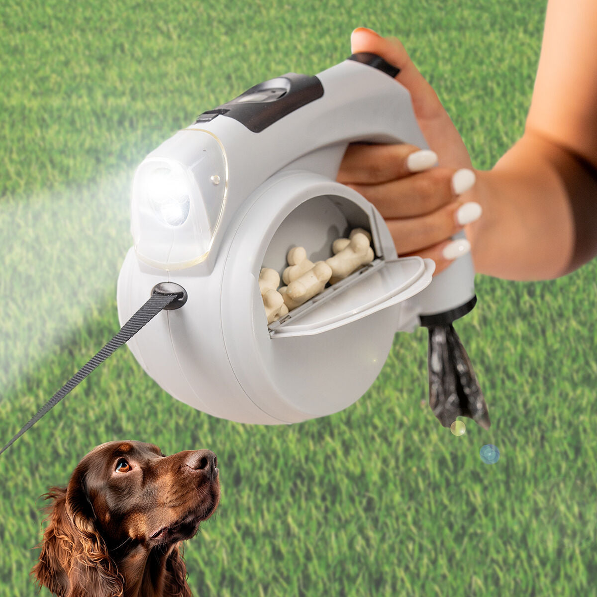 Einziehbare 6-in-1-Hundeleine Leashic von InnovaGoods in Grau und Schwarz – Produktansicht