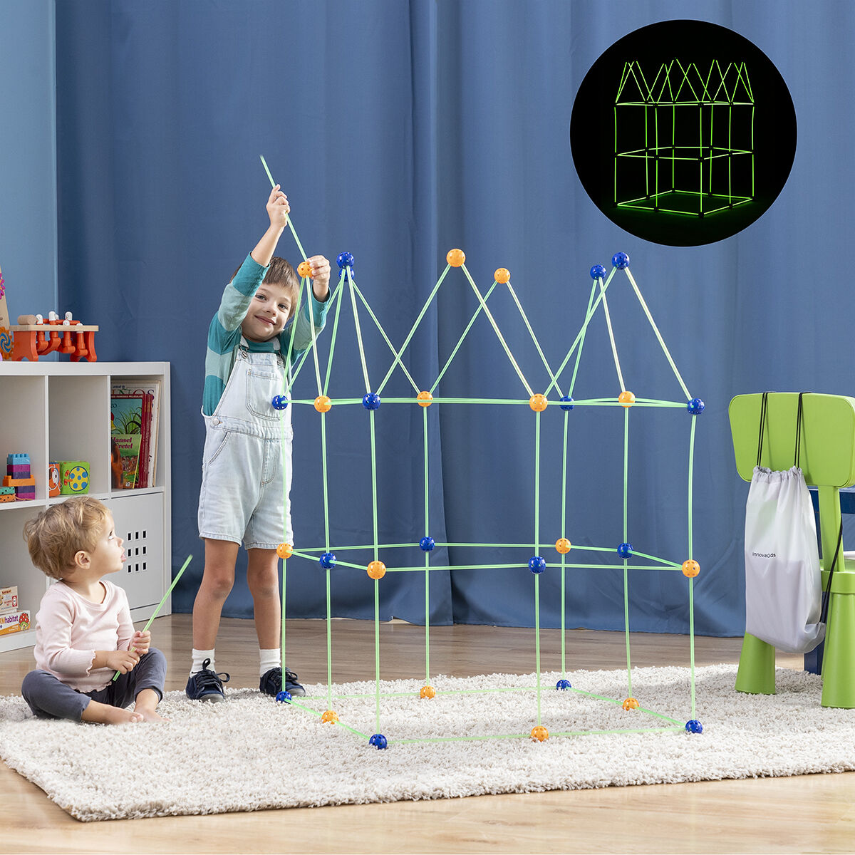 InnovaGoods Archikitt Kinder-Baukasten 85-teilig mit fluoreszierenden Stäben – Produktansicht