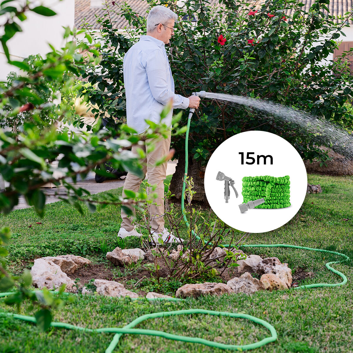 Ausziehbarer Gartenschlauch Hoostend InnovaGoods 15 m in Grün und Grau – Produktansicht