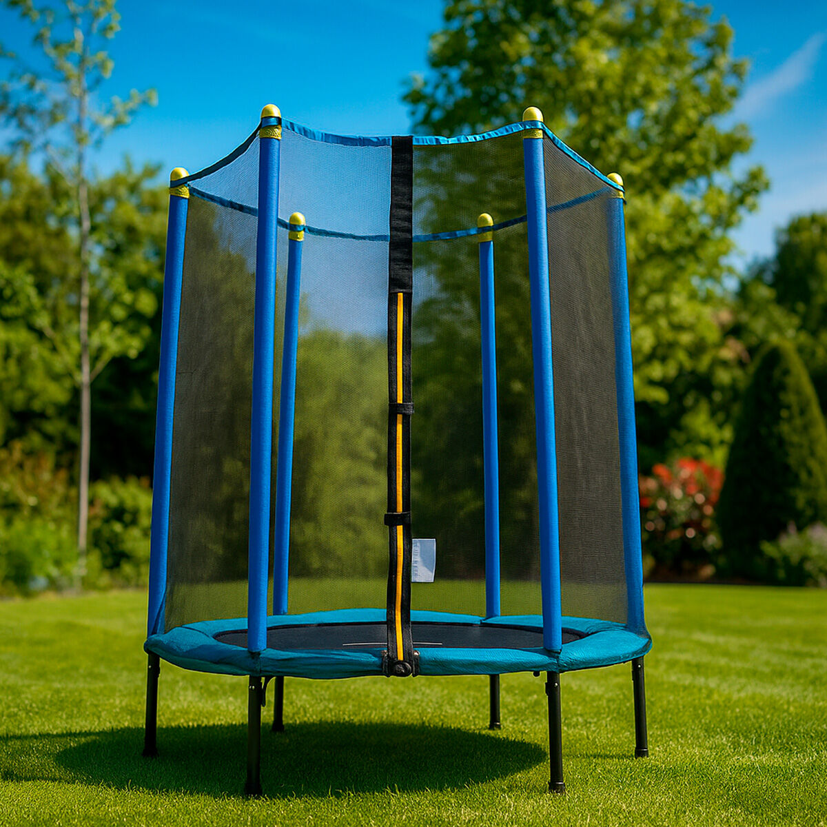 Kindertrampolin Zuply von InnovaGoods mit Sicherheitsnetz in Blau und Schwarz – Produktansicht